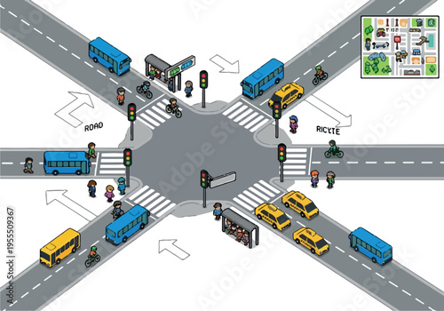 An overhead view of a busy urban intersection with cars, buses, traffic lights, and pedestrian crossings, depicting urban planning and city traffic flow