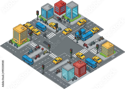 Isometric view of a busy city intersection with traffic, vehicles, buildings, and traffic lights in a cartoon style