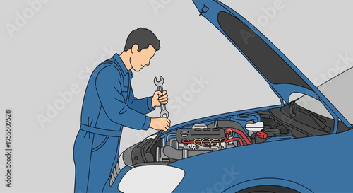 Automotive mechanic inspecting engine compartment with a wrench in a modern car workshop