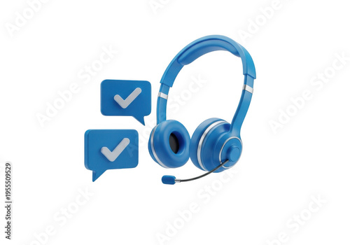 Blue headset with check mark speech bubble isolated on transparent background, a 3d rendering of customer service and communication concept