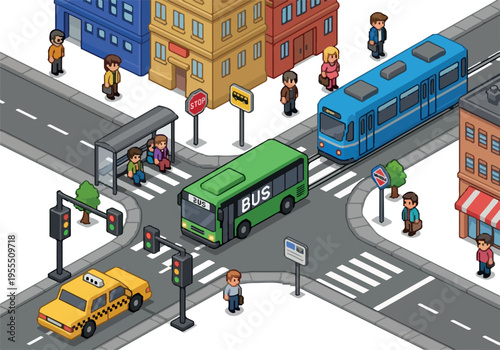 Isometric urban street scene with public transportation including a bus, tram, and taxi, bustling with pedestrians at a crosswalk
