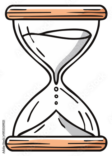 Stylized illustration of an hourglass with sand flowing down and wood accents