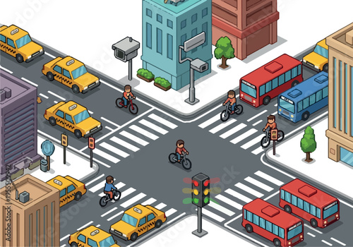 Isometric city street intersection with traffic and pedestrians in a vibrant urban setting