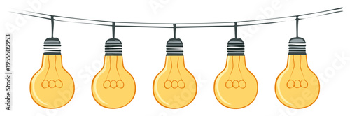 String of glowing Edison incandescent light bulbs illuminating a dark background