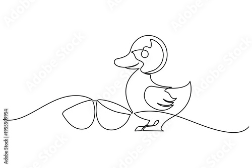 Duckling hatching from an egg shell in one continuous line art style on white background