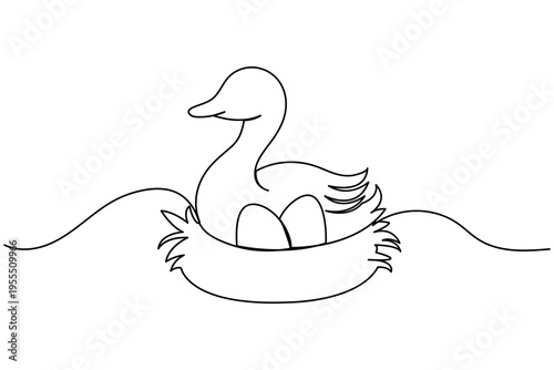 Mother duck sitting in a nest with eggs one continuous line art drawing on white