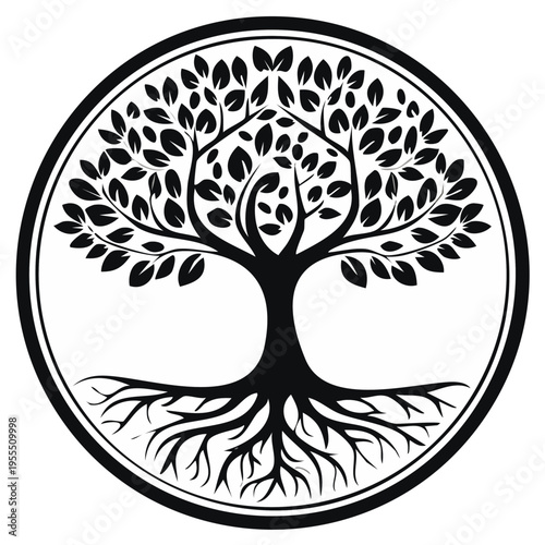 Circular Tree of Life Symbol with Roots and Branches Black and White Icon