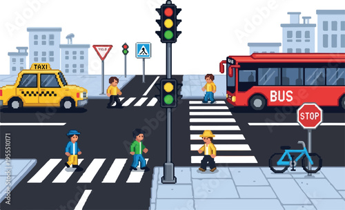 City street scene with a busy intersection, pedestrians crossing, and vehicles including a taxi and bus