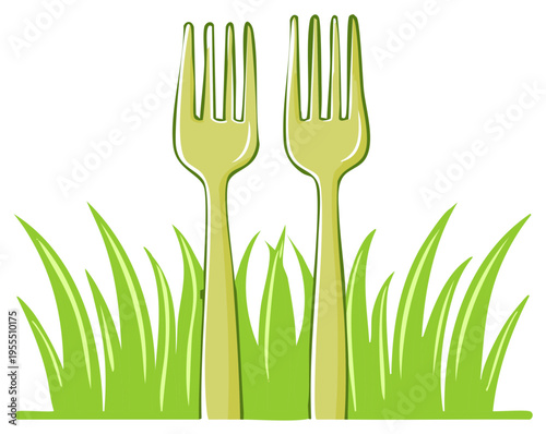 Two green forks standing in lush green grass, illustration