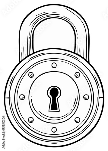 Vintage padlock with keyhole and shackle in hand drawn sketch style