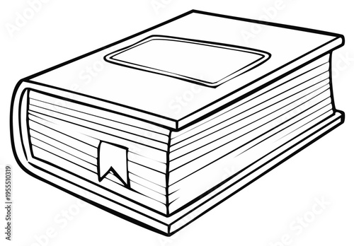 Monochromatic line art drawing of a closed hardback book with a page marker