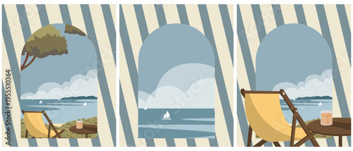 Summer vacation set of tourist postcards, banners, posters