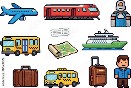 Pixel art collection of various vehicles and travel items, perfect for game development and design projects