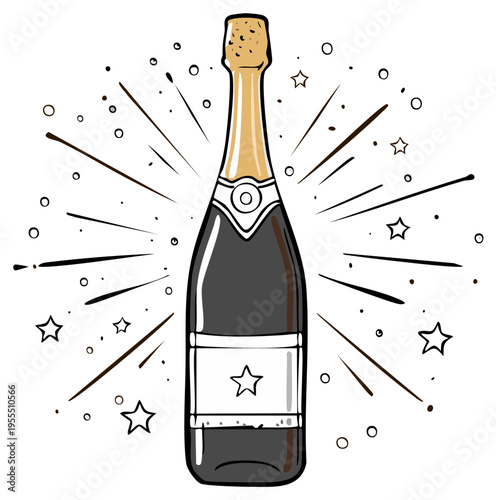 Celebratory champagne bottle illustration with bursting stars and festive sparkles