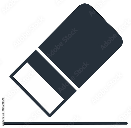 Dark blue eraser icon removing a dark line on a white background, simple design