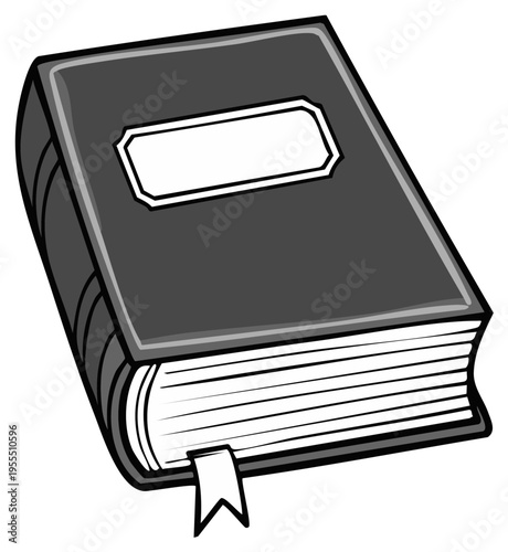 Grayscale cartoon illustration of a thick classic hardcover book with a blank title label and a bookmark