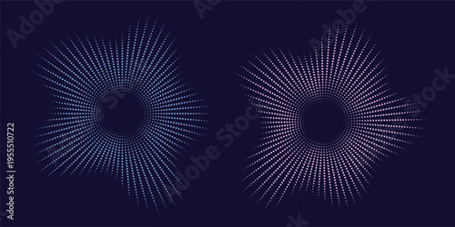 Sound equalizer icons with lines and dots, gradient neon circular sound wave frames, abstract radial music icons. Audio beat symbol concept isolated on white. Vector illustration.