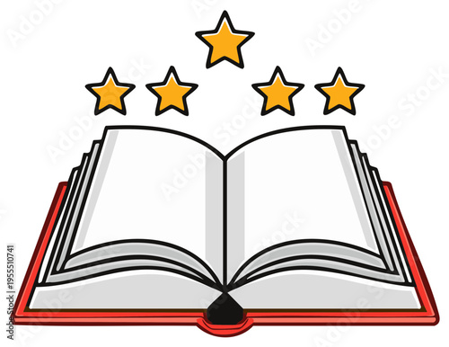 Open Book With Five Golden Stars Above Representing High Rating or Excellent Review