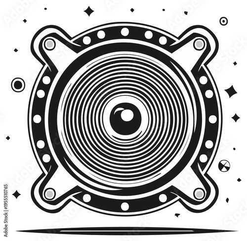 Graphic illustration of a vintage style audio speaker with radiating sound waves and starry accents