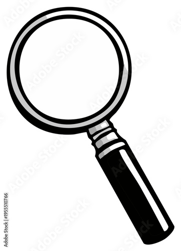 Cartoon illustration of a handheld magnifying glass with a black handle and a silver rim for close examination
