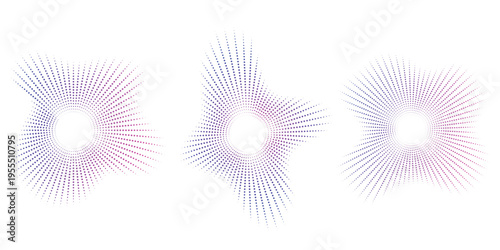 Sound equalizer icons with lines and dots, gradient neon circular sound wave frames, abstract radial music icons. Audio beat symbol concept isolated on white. Vector illustration.