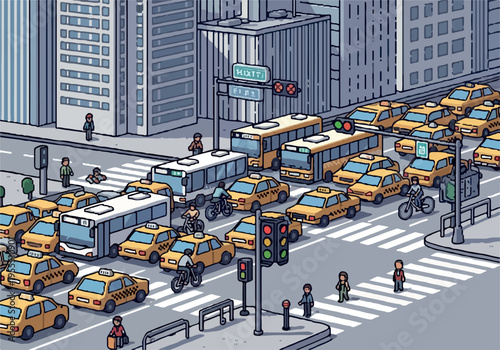 Busy City Street Scene with Traffic Jam of Yellow Taxis and Buses