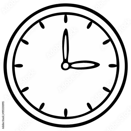 Clock Face Depicting Time at Three O'Clock, Wall Clock Icon with Black Outline