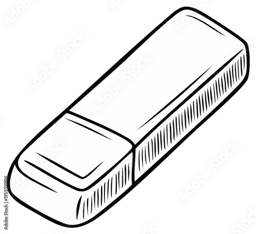 Simple Black and White Rectangular Eraser Line Art Illustration for School or Office Stationery