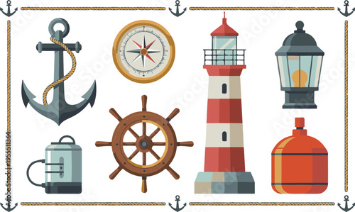 Nautical themed collection of vintage maritime objects and elements for design
