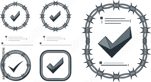 Check mark icons inside barbed wire circular and oval shape borders