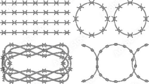 Barbed wire straight lines and circular frames set for construction