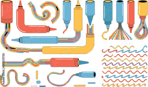 Abstract paint bottles extruding colorful fluid lines and wave shapes