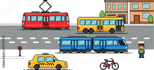 Vector illustration of various urban public transportation vehicles and modes of transport on a city street