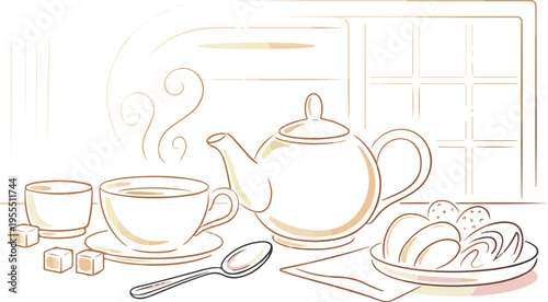 Tea still life outline drawing on checkered background with golden glow
