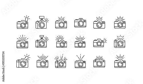 Camera with flash line icons set photography paparazzi photo shot light symbols editable stroke vector eps10