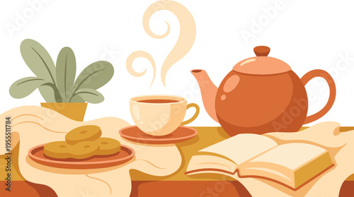 Morning tea with open book and plant. cozy breakfast setting