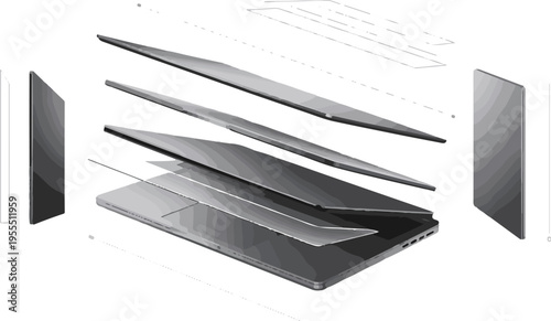 Exploded view of laptop screen layers showing modern computer hardware components