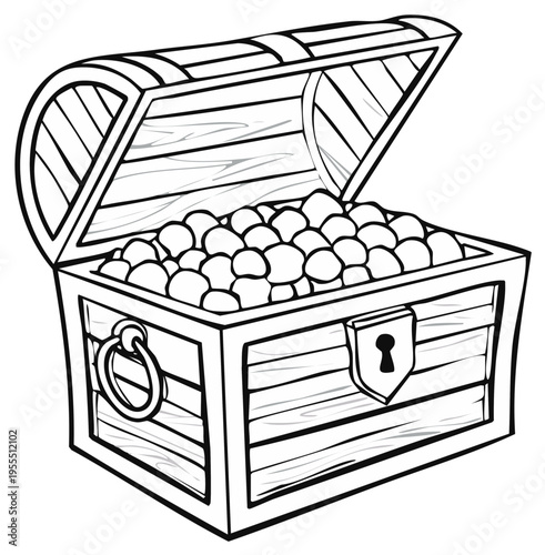 Open Treasure Chest Outline Filled With Coins Isolated Cartoon Style, Illustration