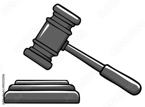 Monochrome cartoon graphic of a judge's gavel and sound block for law and justice