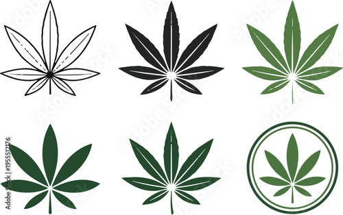 Set of cannabis leaves symbols, outline and filled, isolated