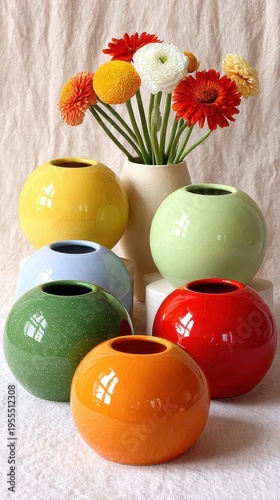 A vibrant display features an array of glossy, spherical ceramic vases in red, orange, yellow, green, light blue, and light green