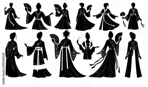 Asian traditional costume silhouettes women cultural fashion vector set