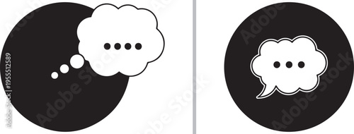 Minimalist vector icon set featuring white thought clouds and bubbles with ellipsis dots inside solid black circles, representing brainstorming, mental processing, and digital chat.