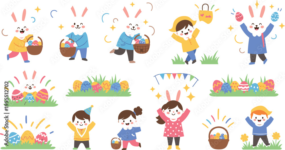 Obraz premium PrintHappy children celebrating Easter with bunny ears, baskets, eggs and spring decorations joyful cartoon vector illustration collection set