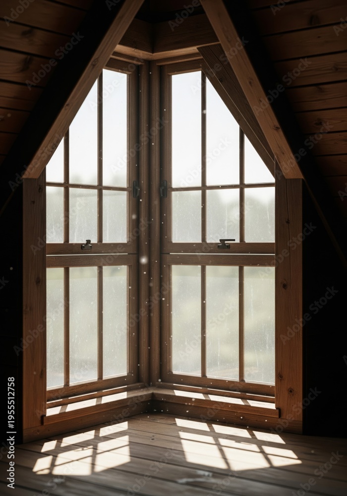 Fototapeta premium Attic Room Corner Window with Wooden Frame and Floor Boards