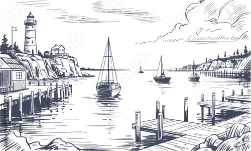 Old harbor sketch with lighthouse and sailing boats in coastal bay art
