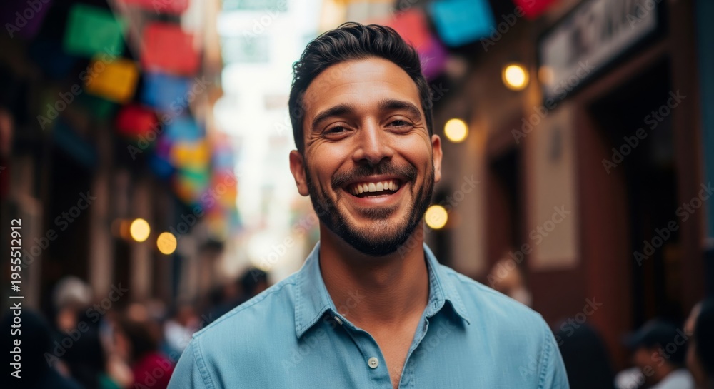 Fototapeta premium Happy Man in Blue Shirt Posing Outdoors with Festive Decorations