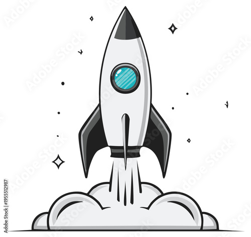 Rocket launch taking flight with smoke clouds and stars a symbol of aspiration and new business direction success