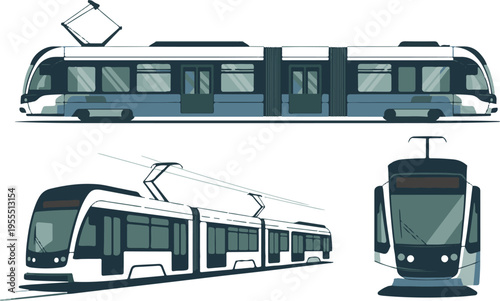 Modern tram or light rail vehicle, multiple views