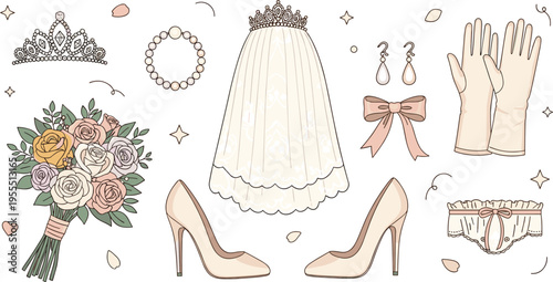 Elegant bridal wedding accessories set vector illustration with veil tiara bouquet shoes jewelry gloves and garter in pastel colors